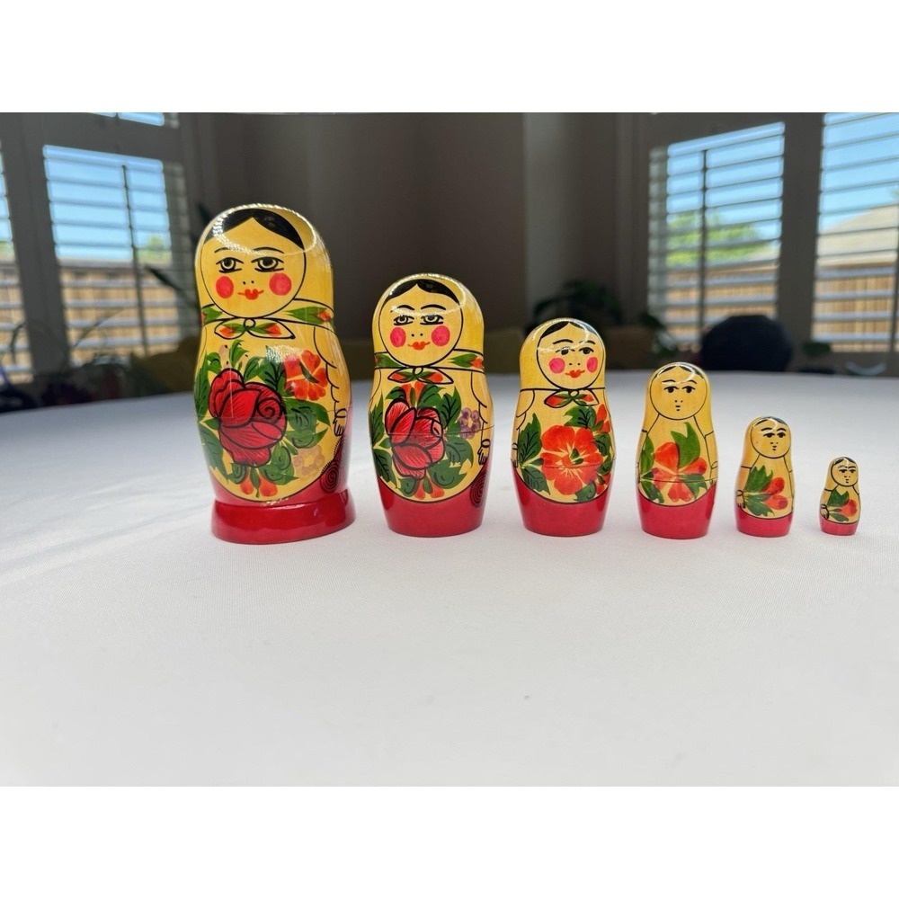 Russian USSR Matryoshka Nesting Dolls 6pc Hand Painted 5" Rose *See Cracks*